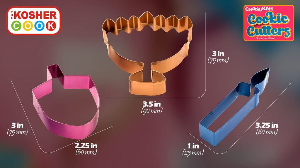 The Kosher Cook Hanukkah Multicolored Stainless Steel Chanukah Cookie Cutters, 3 Piece Set