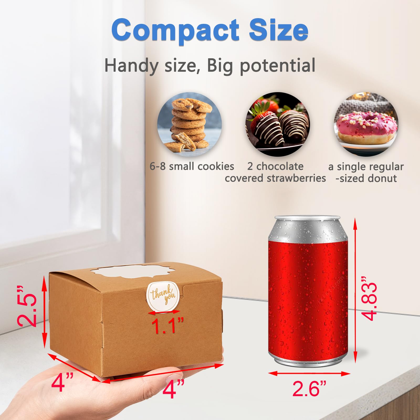 50 Pcs Brown - Bakery Treat Boxes with Window 4x4x2.5