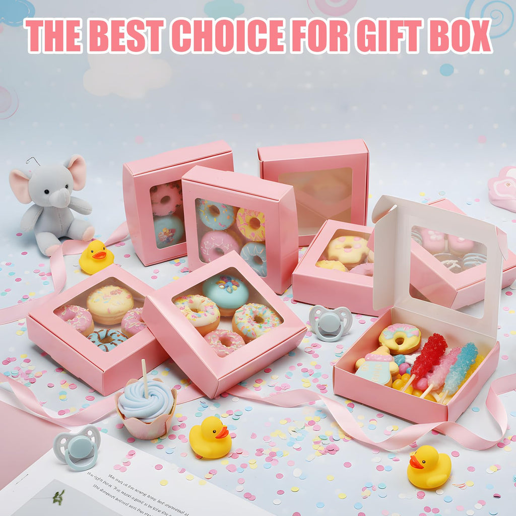 30 Kraft Paper Boxes with Window 4.13 x 4.13 x 1.18 Inch (Pink)