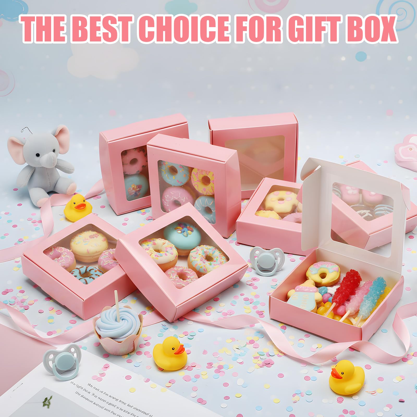 30 Kraft Paper Boxes with Window 4.13 x 4.13 x 1.18 Inch (Pink)