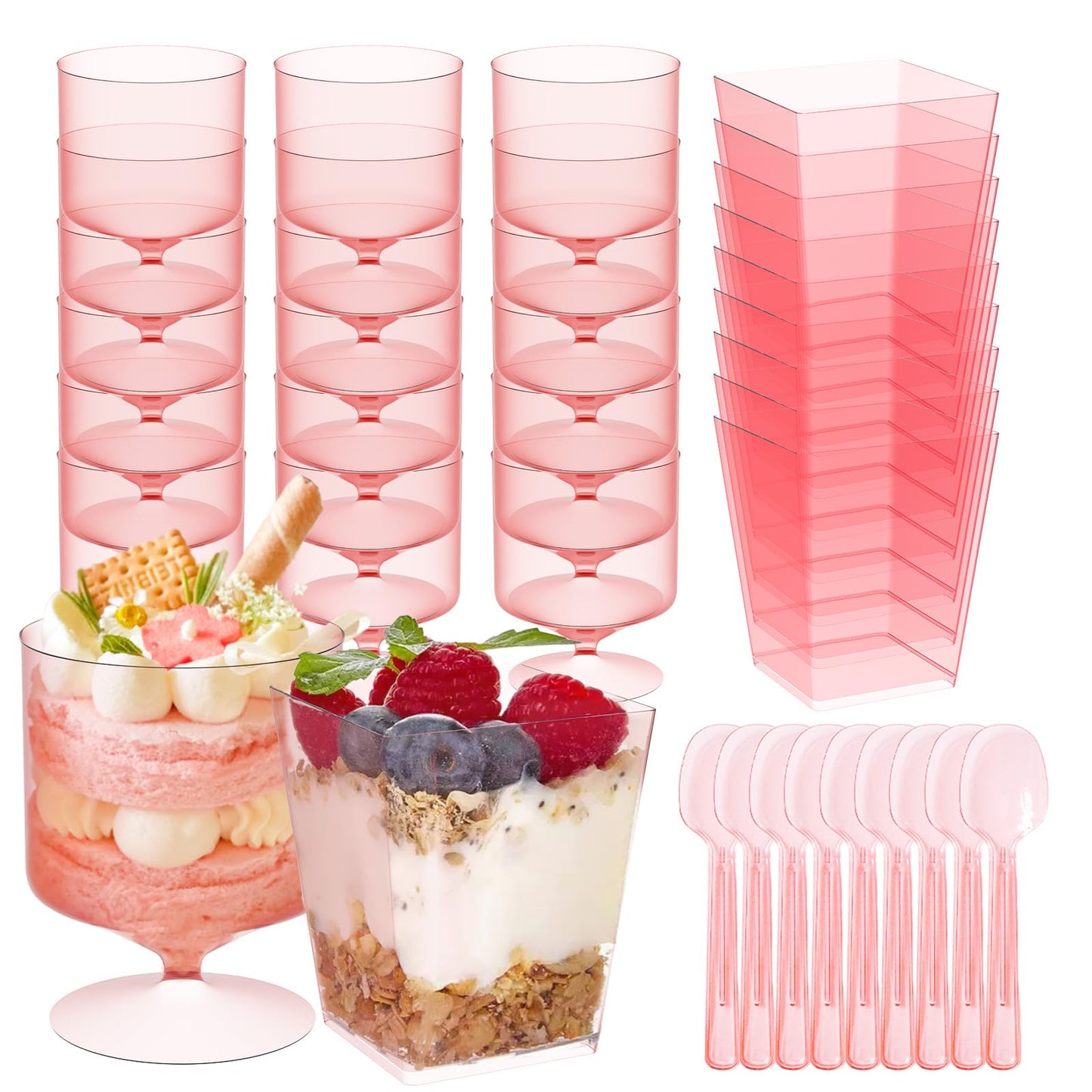 120 Packs Pink Dessert Cup with Spoons 5 Oz Mini Clear Parfait Cups, Square Dessert Shot Glasse, Round Yogurt Cups, Shooters Cups for Party, Reusable Fruit Ice Cream Cake Pudding Cups