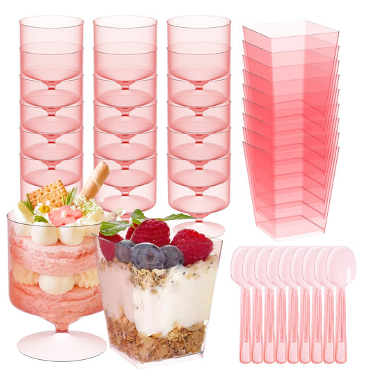 120 Packs Pink Dessert Cup with Spoons 5 Oz Mini Clear Parfait Cups, Square Dessert Shot Glasse, Round Yogurt Cups, Shooters Cups for Party, Reusable Fruit Ice Cream Cake Pudding Cups