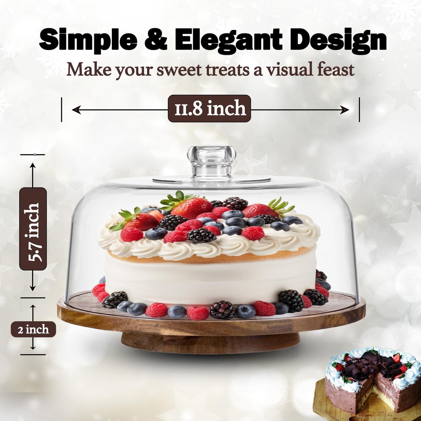 10" Rotating Cake Stand with Acrylic Dome Lid - 360 Degree Acacia Wood Spinning Cake Turntable for Decorating and Serving, Durable Shatterproof Cover, Elegant Display Platter