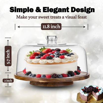10" Rotating Cake Stand with Acrylic Dome Lid - 360 Degree Acacia Wood Spinning Cake Turntable for Decorating and Serving, Durable Shatterproof Cover, Elegant Display Platter