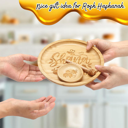 Huray Rayho Rosh Hashanah Apple Plate Set Shana Tova Apple and Honey Dish with Dipper Rosh New Year Hostess Gift Idea Shana Tova Bamboo Wood Server Tray Holiday Party Table Decorations