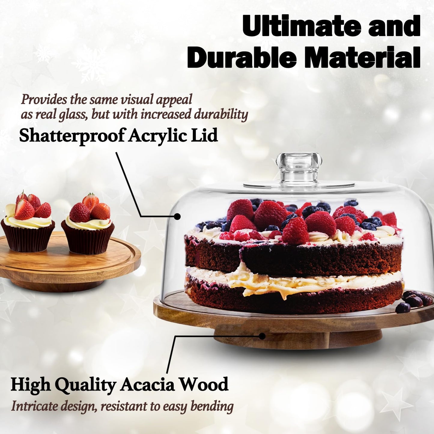 10" Rotating Cake Stand with Acrylic Dome Lid - 360 Degree Acacia Wood Spinning Cake Turntable for Decorating and Serving, Durable Shatterproof Cover, Elegant Display Platter