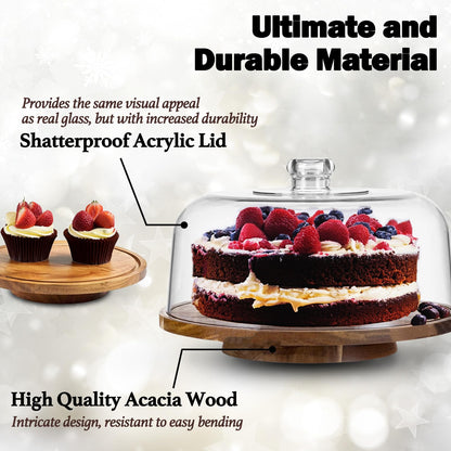 10" Rotating Cake Stand with Acrylic Dome Lid - 360 Degree Acacia Wood Spinning Cake Turntable for Decorating and Serving, Durable Shatterproof Cover, Elegant Display Platter