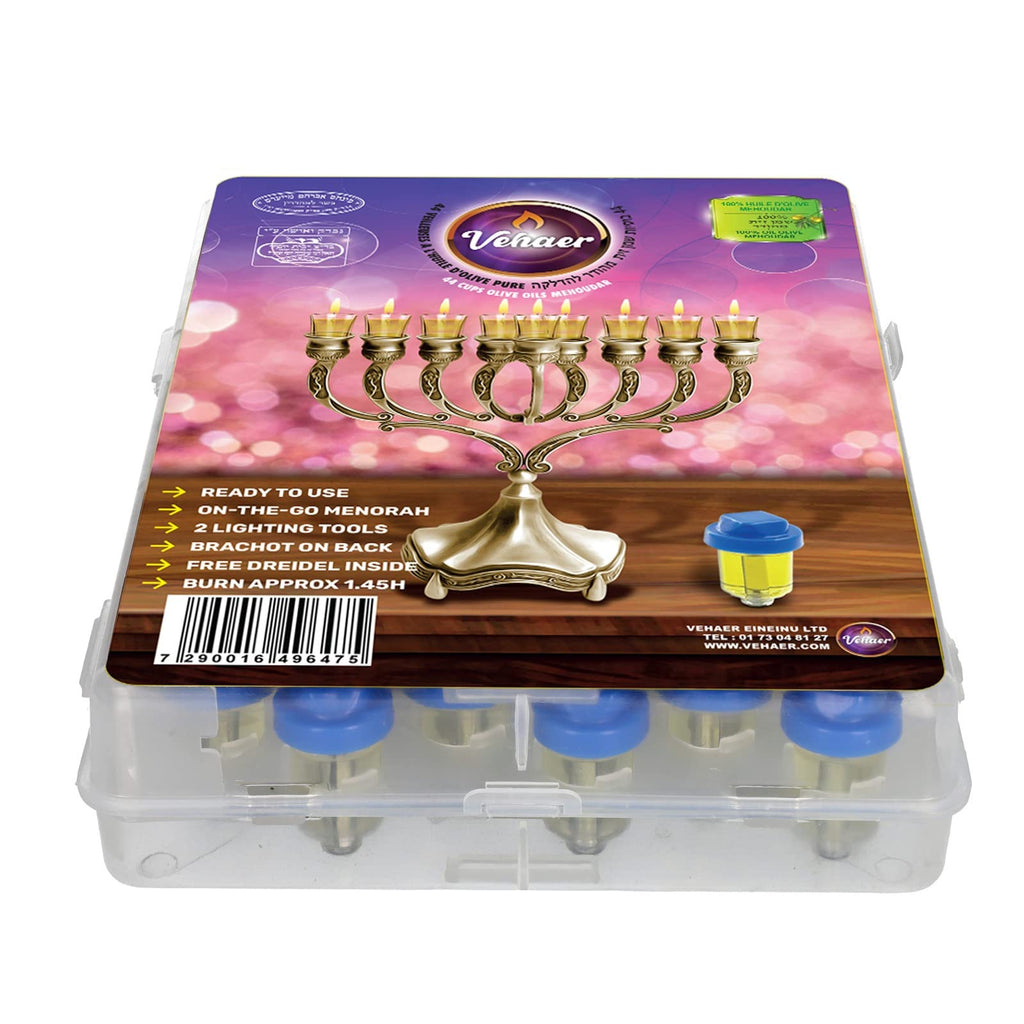 Vehaer 44 Prefilled Cups, 1.45 Burn, Hanukkah, Chanukah Oil, Olive Oil Ready to Use, Fits Most Menorah, FIts Candle Menorahs (Liquid Oil Small)
