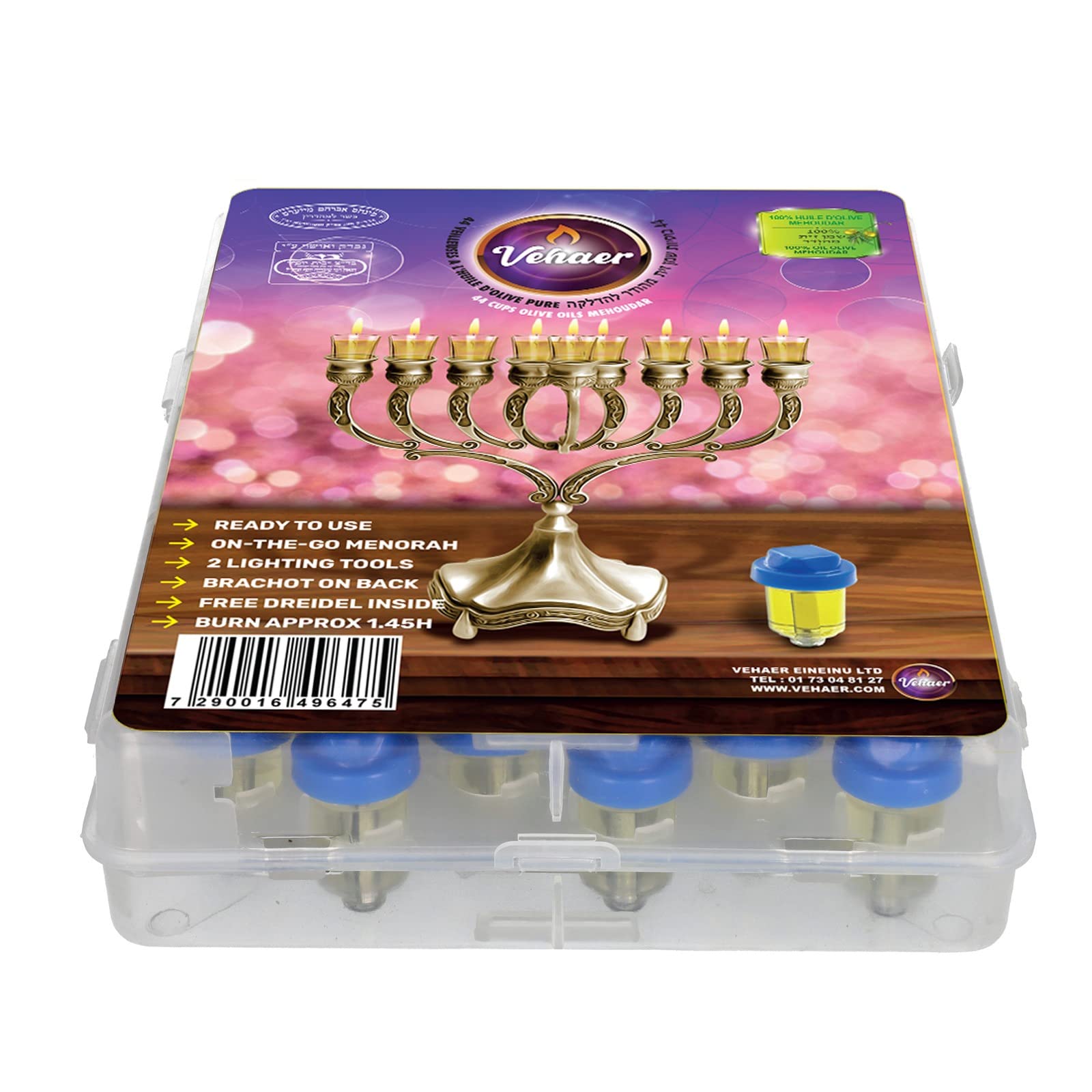 Vehaer 44 Prefilled Cups, 1.45 Burn, Hanukkah, Chanukah Oil, Olive Oil Ready to Use, Fits Most Menorah, FIts Candle Menorahs (Liquid Oil Small)