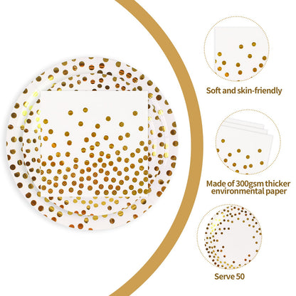 PUEVENYI 150PCS White Plates and Napkins Party Supplies, Paper Plates Disposable Serve 50 Guests, White and Gold Party Decorations for Graduation Baby Showers Bridal Showers Birthday Wedding