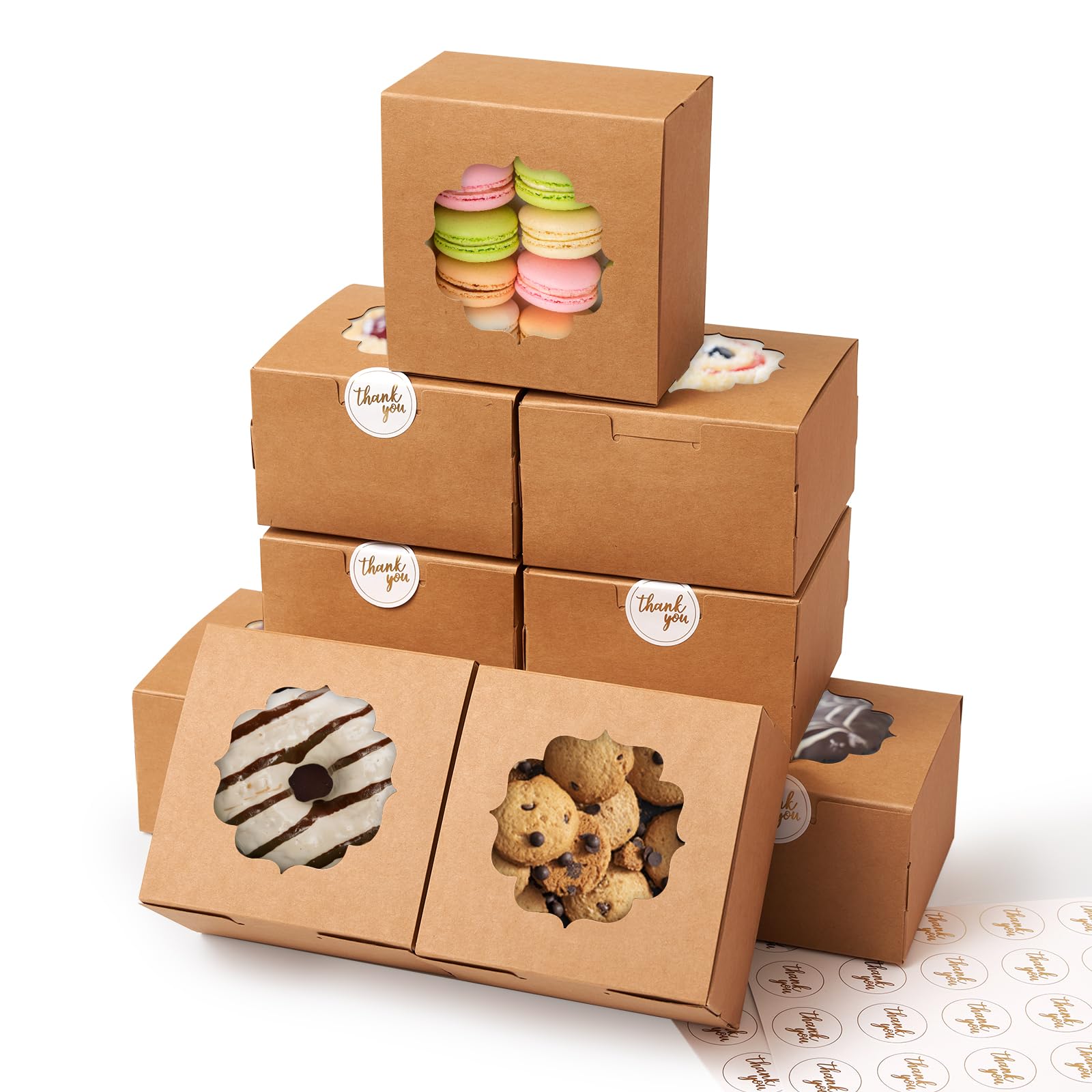 50 Pcs Brown - Bakery Treat Boxes with Window 4x4x2.5