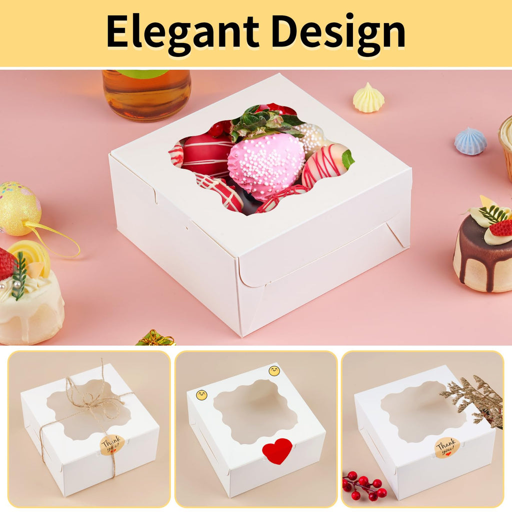12 Pieces Cookie Boxes with Window, 6×6×3 Inches (White, with Stickers)