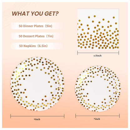 PUEVENYI 150PCS White Plates and Napkins Party Supplies, Paper Plates Disposable Serve 50 Guests, White and Gold Party Decorations for Graduation Baby Showers Bridal Showers Birthday Wedding