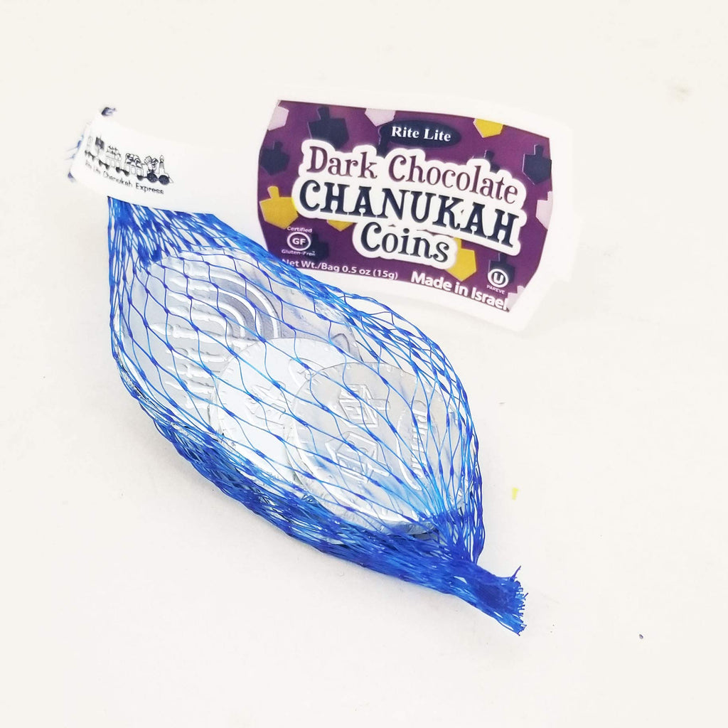 Rite Lite Chanukah Dark Chocolate Gelt Chocolate Large Coins - 24 Bags In a Display Box - .5 Ounces of Chocolate Extra Large Coins, 1 Extra Large and 3 Small Coins Pack of 24 Hanukkah (Non Dairy)