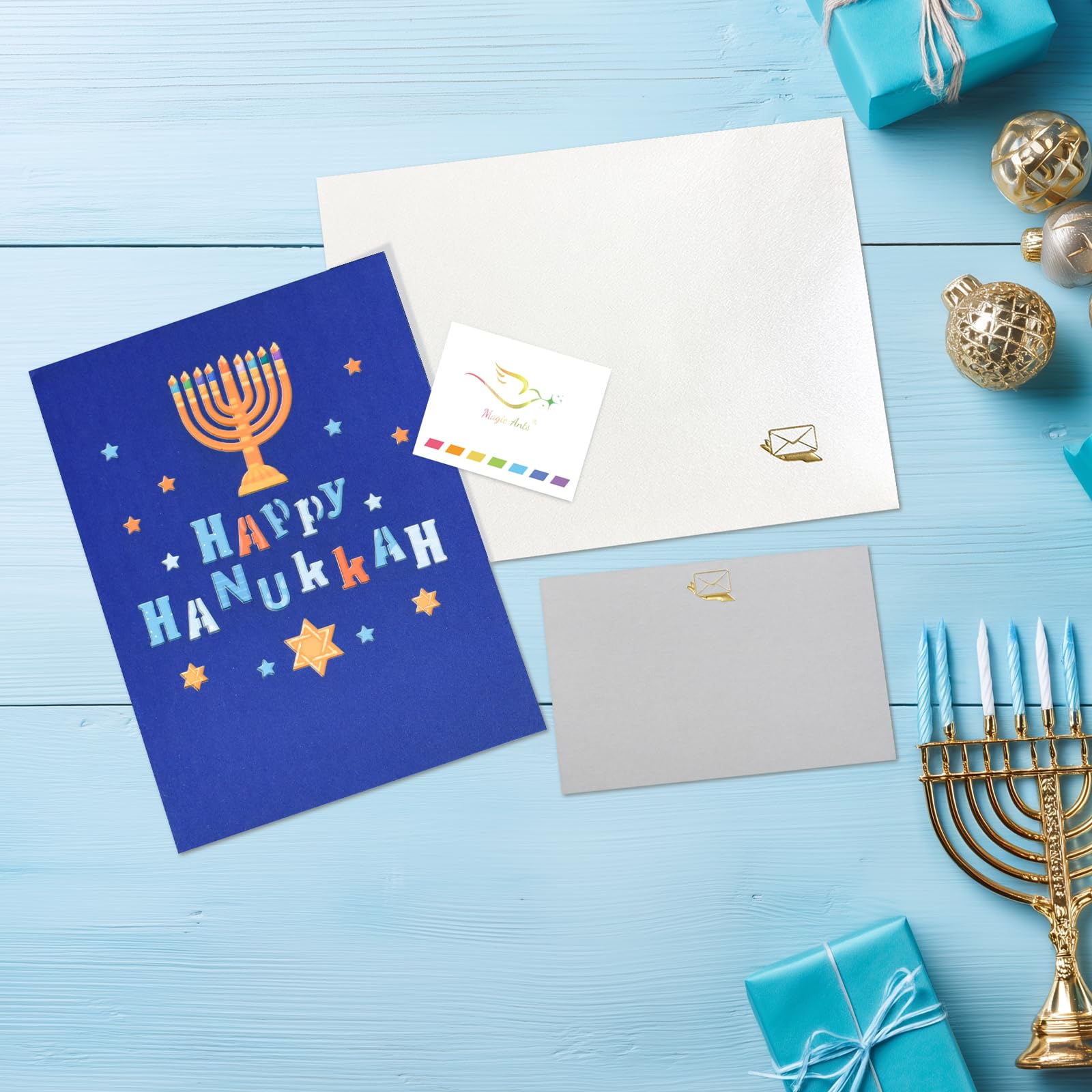 Magic Ants 3D Pop-Up Hanukkah Card – Happy Hanukkah Greeting Card with Menorah, Dreidels, Color Candle and Star of David – Unique Festival of Lights Card for Jewish Holidays with Envelope