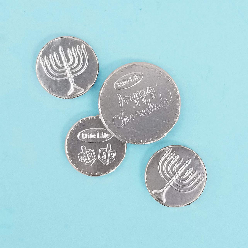 Rite Lite Chanukah Dark Chocolate Gelt Chocolate Large Coins - 24 Bags In a Display Box - .5 Ounces of Chocolate Extra Large Coins, 1 Extra Large and 3 Small Coins Pack of 24 Hanukkah (Non Dairy)