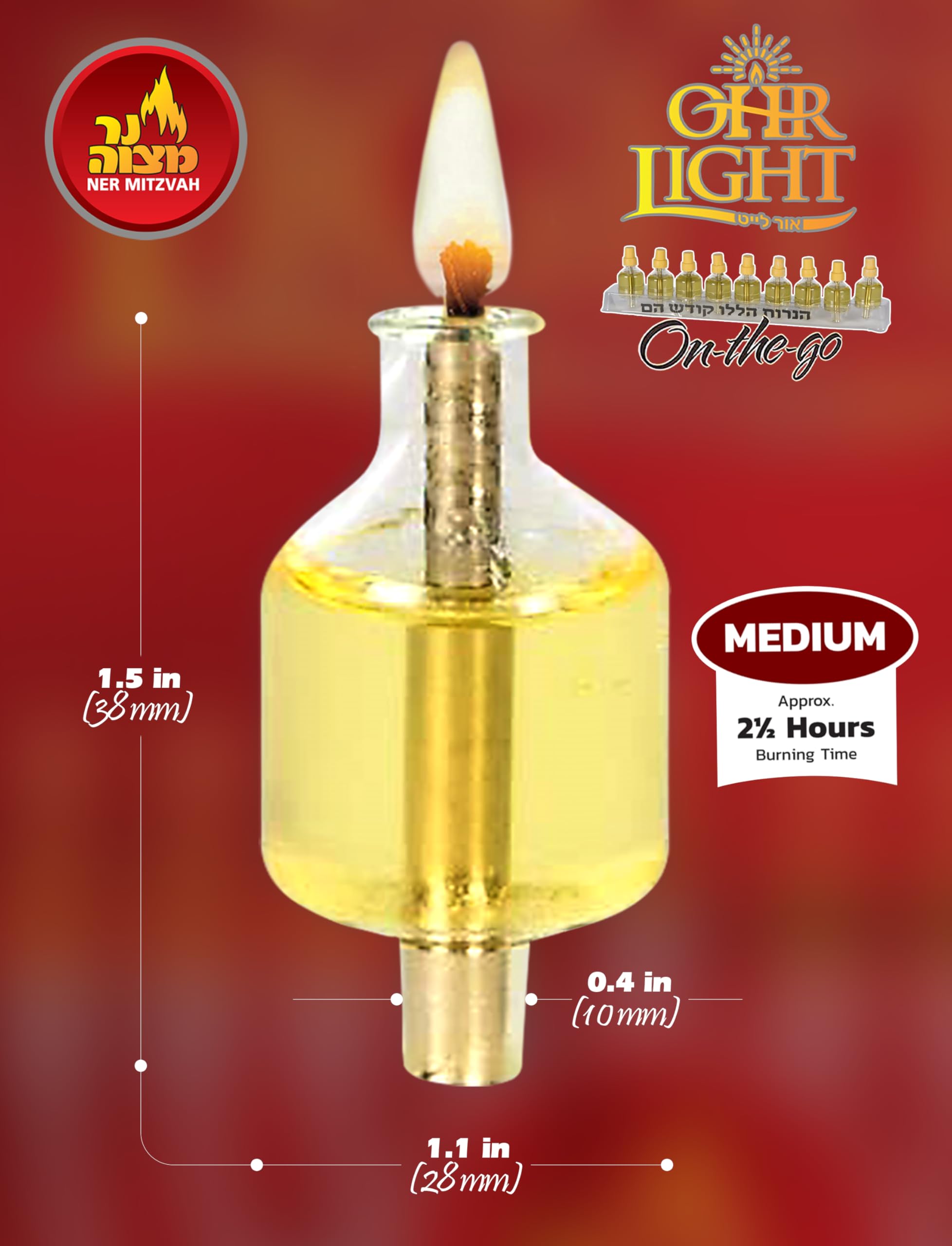 Ner Mitzvah On The Go Travel Menorah Set - 9 Pre-Filled Glass Cups Included - 100% Pure Olive Oil with 100% Cotton Wicks- Burns Approx. 2 1/2 Hrs