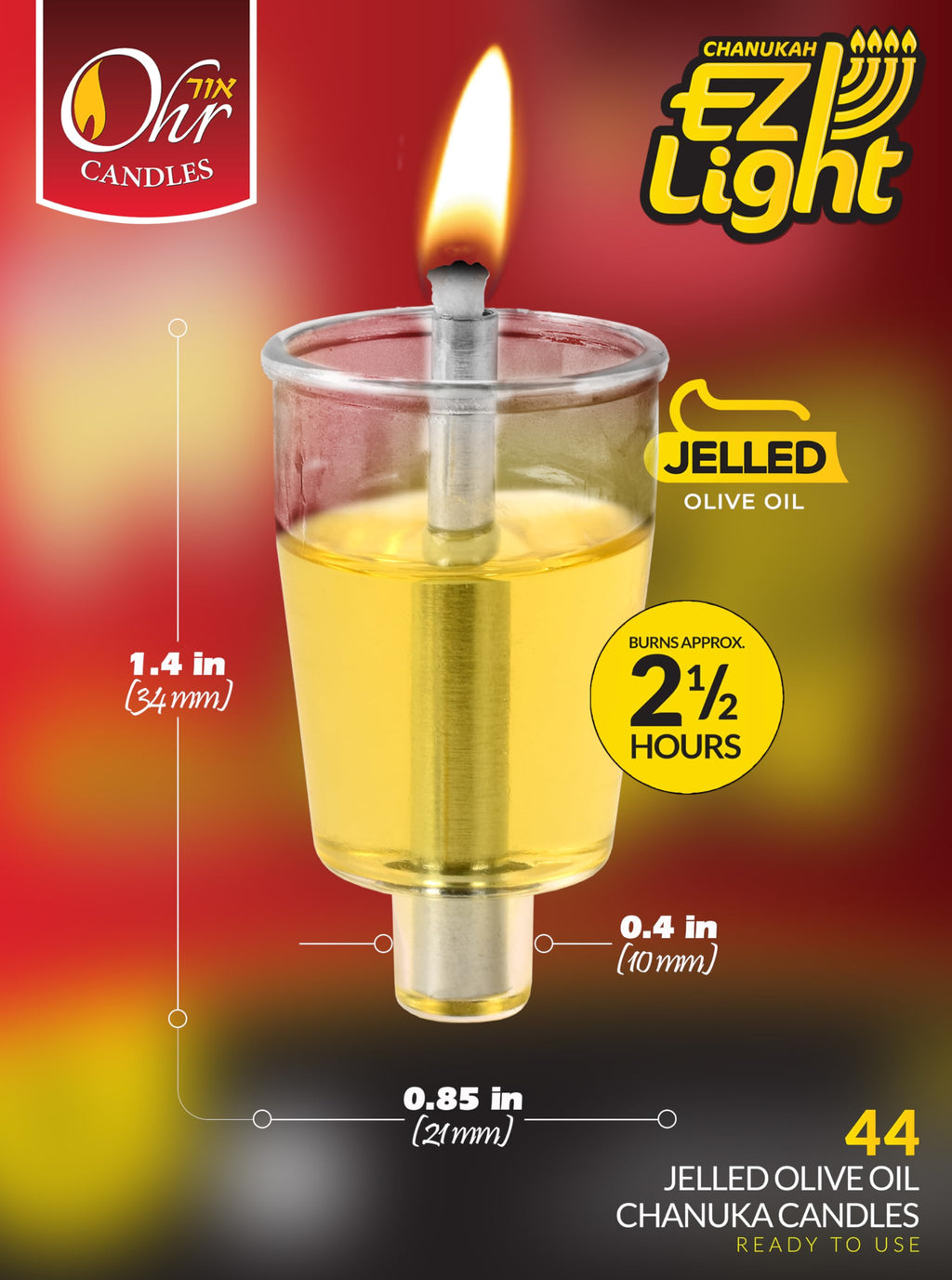 OHR CANDLES Pre - Filled Menorah Oil Cup Candles, Hanukkah Candles EZ Lights, Jelled 100% Olive Oil with Cotton Wick in Plastic Cup, Medium (Pack of 44) - Burns Approx, 1/2 Hrs