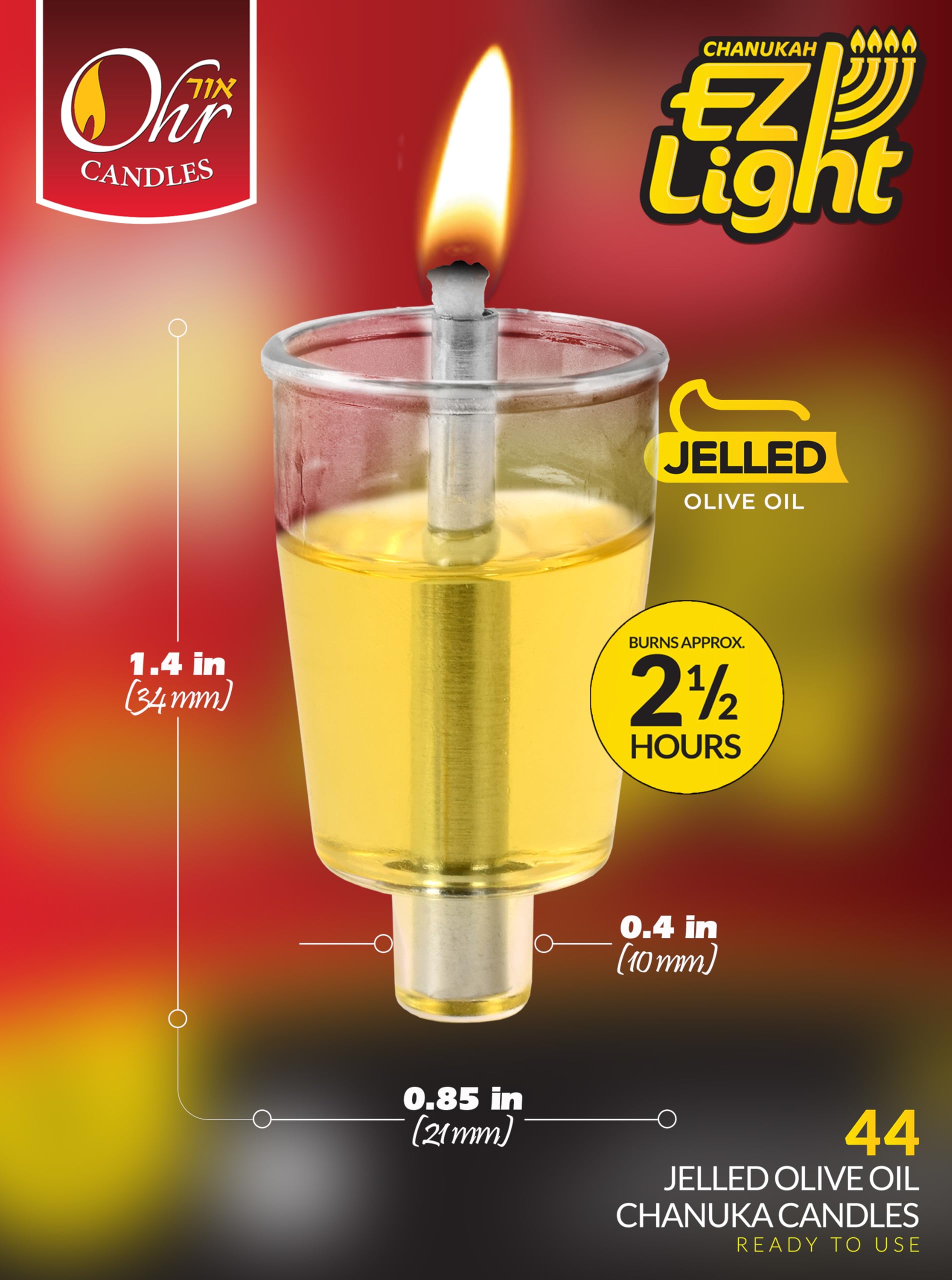 OHR CANDLES Pre - Filled Menorah Oil Cup Candles, Hanukkah Candles EZ Lights, Jelled 100% Olive Oil with Cotton Wick in Plastic Cup, Medium (Pack of 44) - Burns Approx, 1/2 Hrs