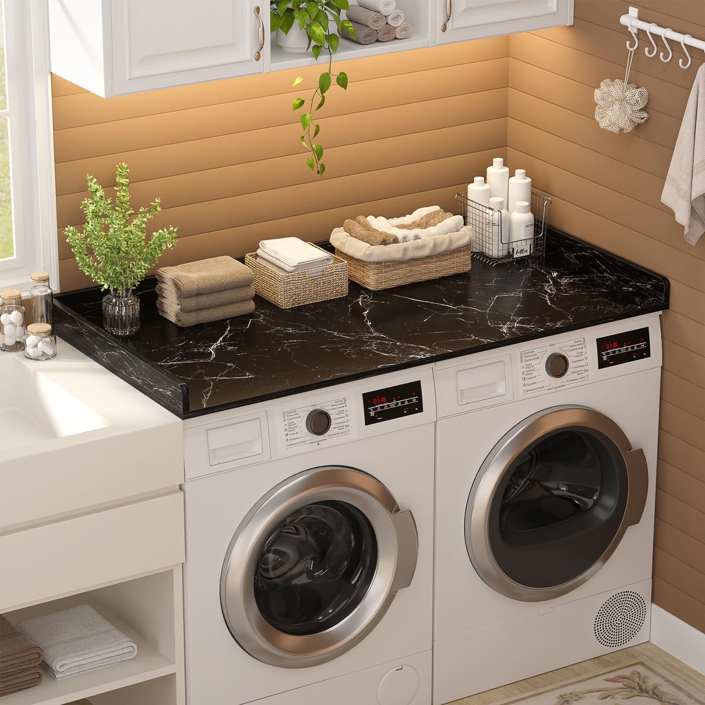 Aheaplus Washer and Dryer Countertop, Laundry Room Organization with Non-Slip Pads, Wood Shelf Topper with Round Corner Edge Rails, Folding Organizer for Laundry, 54" W x 27.5" D, Black Marble