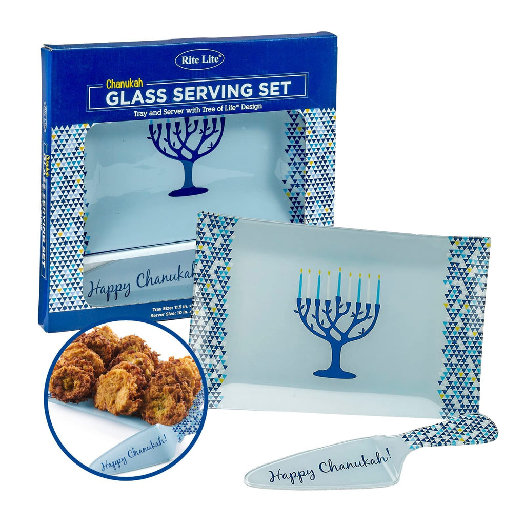 Rite Lite Chanukah Server Tray/Server Set Tree of Life Hannukah Menorah, 12.25'' Blue/White Hanukkah Serving Tray for Latkes, Doughnuts and Coins, Chanukah Party Supplies