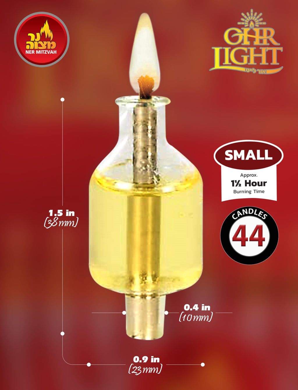 Ner Mitzvah Pre-Filled Menorah Oil Cup Candles - Hanukkah Ohr Lights - 100% Olive Oil with Cotton Wick in Glass Cup - Small Size, 44 per Pack, Burns Approx. 1 1/2 Hrs