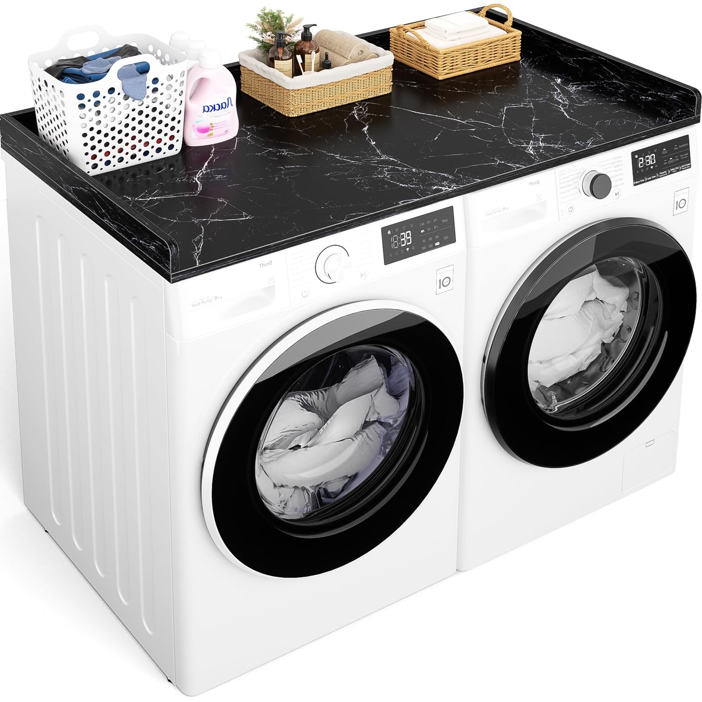 Aheaplus Washer and Dryer Countertop, Laundry Room Organization with Non-Slip Pads, Wood Shelf Topper with Round Corner Edge Rails, Folding Organizer for Laundry, 54" W x 27.5" D, Black Marble