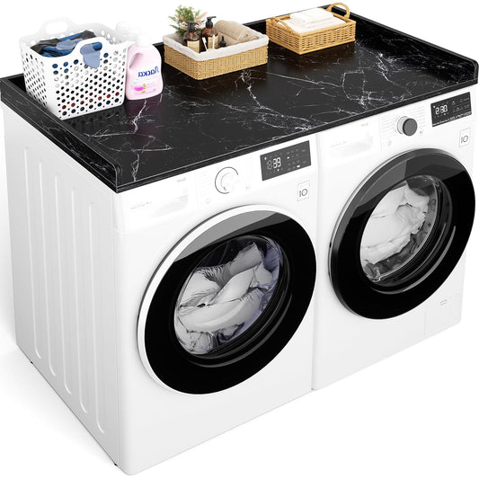 Aheaplus Washer and Dryer Countertop, Laundry Room Organization with Non-Slip Pads, Wood Shelf Topper with Round Corner Edge Rails, Folding Organizer for Laundry, 54" W x 27.5" D, Black Marble