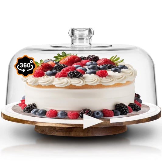 10" Rotating Cake Stand with Acrylic Dome Lid - 360 Degree Acacia Wood Spinning Cake Turntable for Decorating and Serving, Durable Shatterproof Cover, Elegant Display Platter