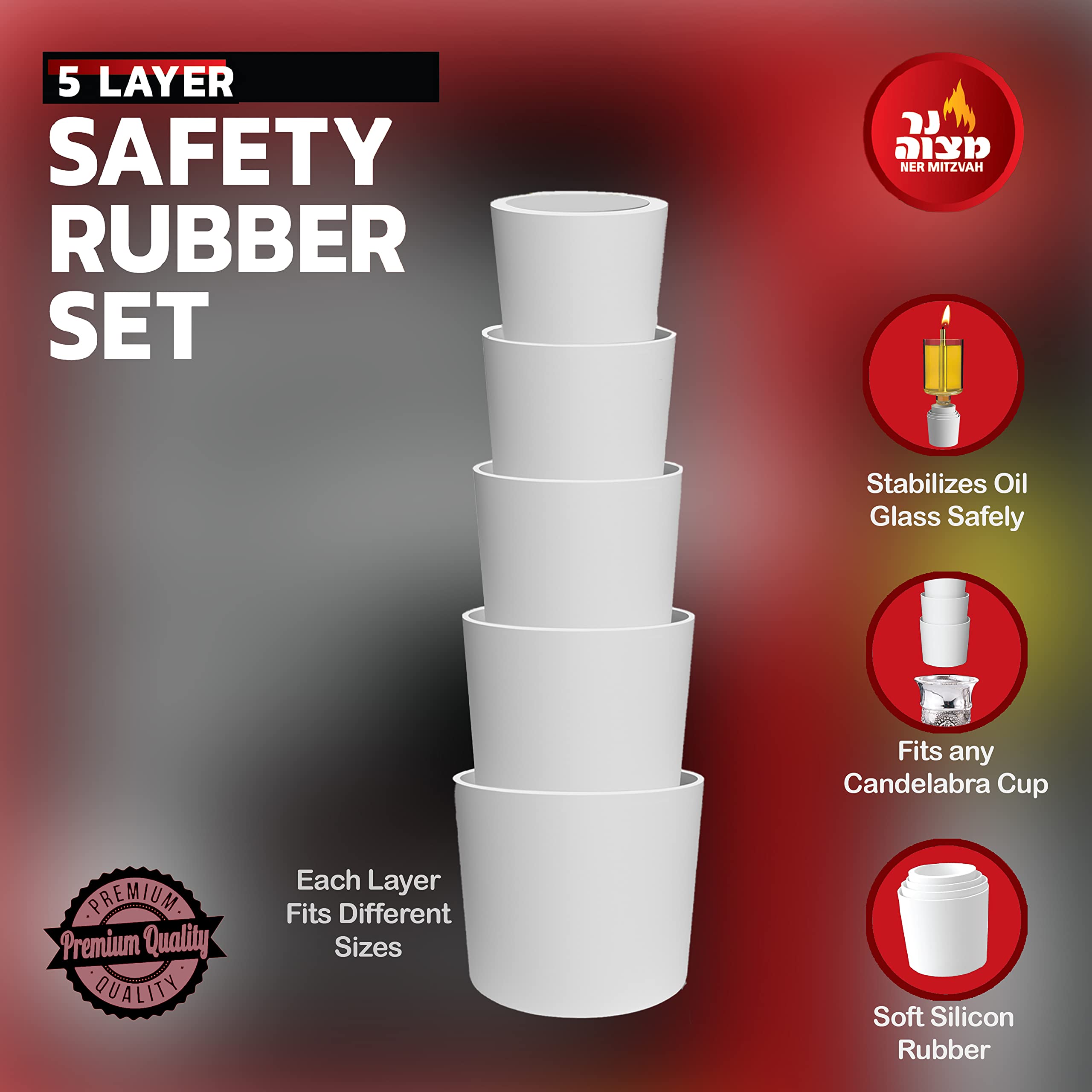 Ner Mitzvah Safety Rubber Set for Oil Candle Cups - 5 Layer - 9 Pack - for Hanukkah Menorah Oil Cups and Shabbos Candles in Canadlabras