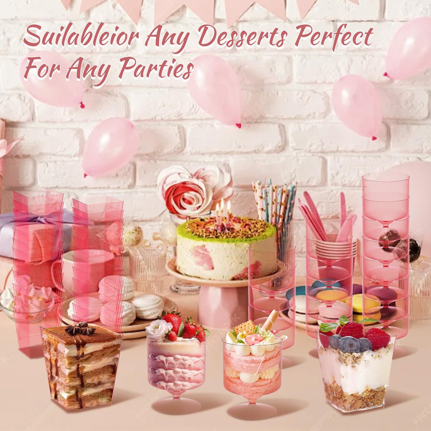 120 Packs Pink Dessert Cup with Spoons 5 Oz Mini Clear Parfait Cups, Square Dessert Shot Glasse, Round Yogurt Cups, Shooters Cups for Party, Reusable Fruit Ice Cream Cake Pudding Cups