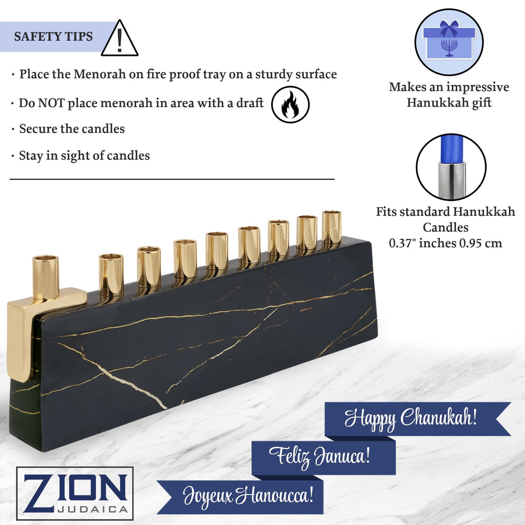 Zion Judaica Ltd Elegant Decorative Hanukkah Candle Menorah Aluminum Wrapped with Marble Decal (Black/Gold) & Brass Candle Cups - Landscape Minorah