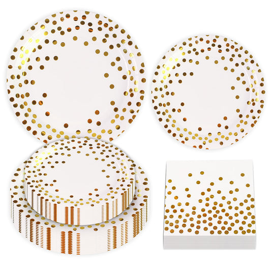 PUEVENYI 150PCS White Plates and Napkins Party Supplies, Paper Plates Disposable Serve 50 Guests, White and Gold Party Decorations for Graduation Baby Showers Bridal Showers Birthday Wedding