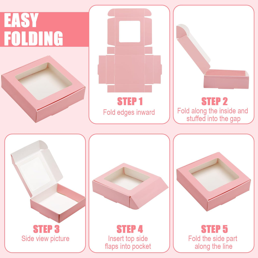 30 Kraft Paper Boxes with Window 4.13 x 4.13 x 1.18 Inch (Pink)