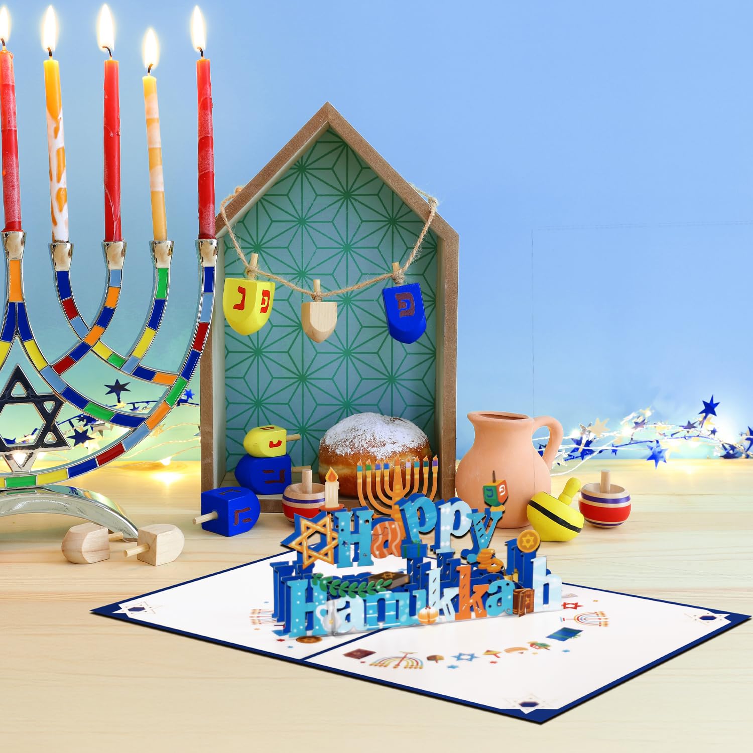 Magic Ants 3D Pop-Up Hanukkah Card – Happy Hanukkah Greeting Card with Menorah, Dreidels, Color Candle and Star of David – Unique Festival of Lights Card for Jewish Holidays with Envelope