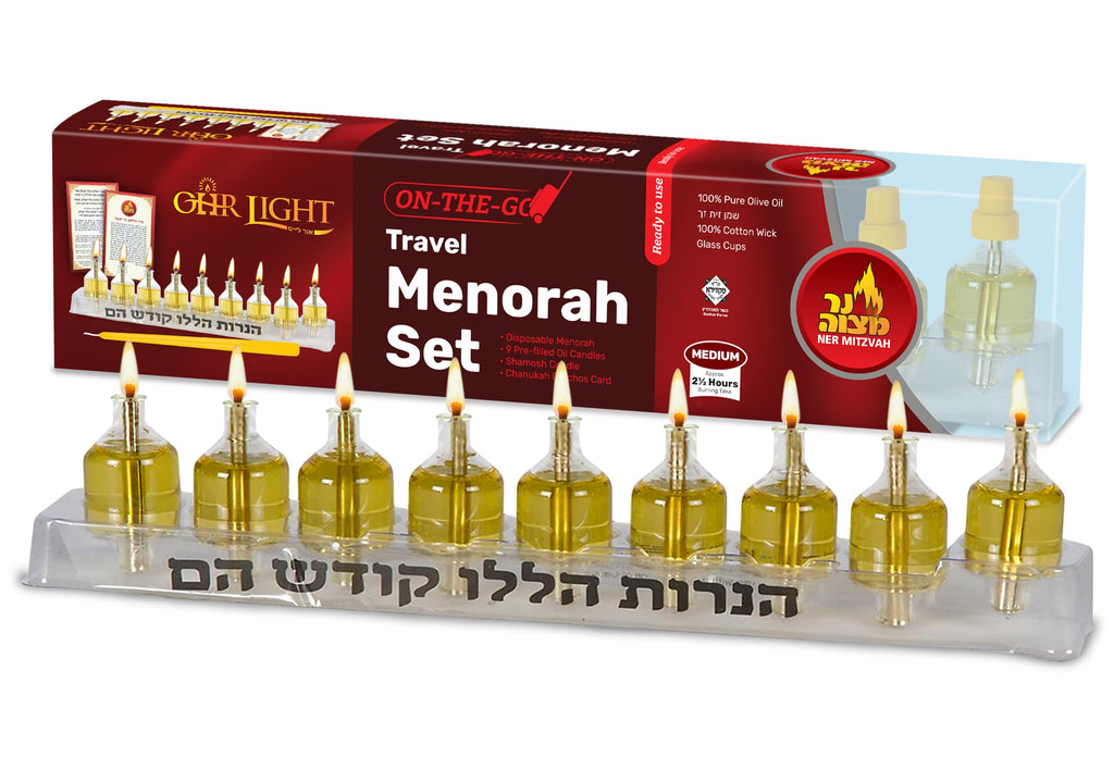 Ner Mitzvah On The Go Travel Menorah Set - 9 Pre-Filled Glass Cups Included - 100% Pure Olive Oil with 100% Cotton Wicks- Burns Approx. 2 1/2 Hrs