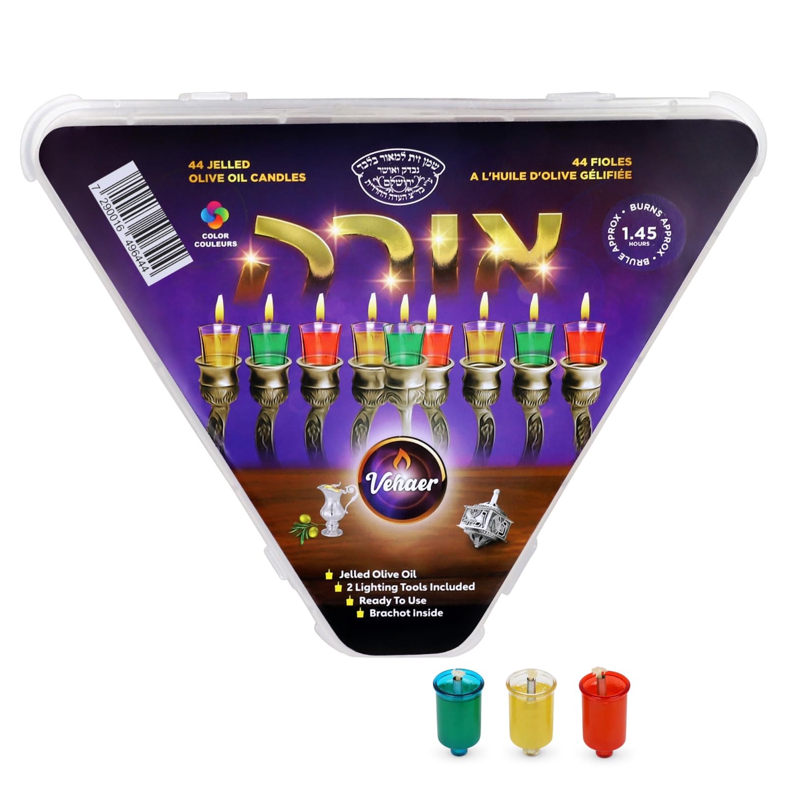 Vehaer 44 Prefilled Cups, Hanukkah, Chanukah Olive Oil, Ready to Use, Fits Most Menorah (Colored Gelled Small)