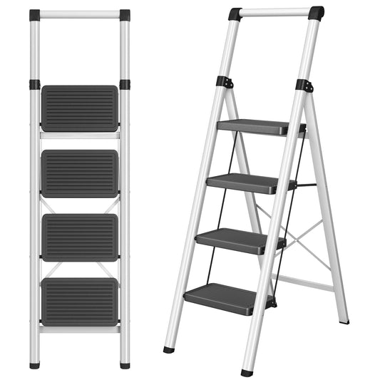 4 Step Ladder, DIAMONDFORGE Folding Step Stool with Wide Anti-Slip Pedal, Anti-Slip Feet and Handgrip, Sturdiest Steel Construction, Steel Ladder for Home, Black Grey