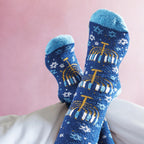 Menorah Hanukkah Fuzzy Socks - Cozy Winter Holiday Crew Socks Unisex Size 10-13 - Soft Festive Blue Menorah Design with Snowflakes - Perfect Warm Gift for Chanukah Celebration