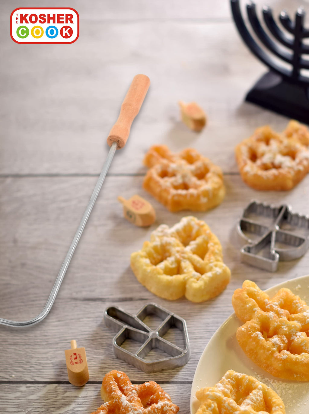 The Kosher Cook Chanukah Fritlach Rosette Maker, Stainless Steel Rosette Iron Set With Handle, Hanukkah Set, Dreidel and Menorah Mold (3 Piece)