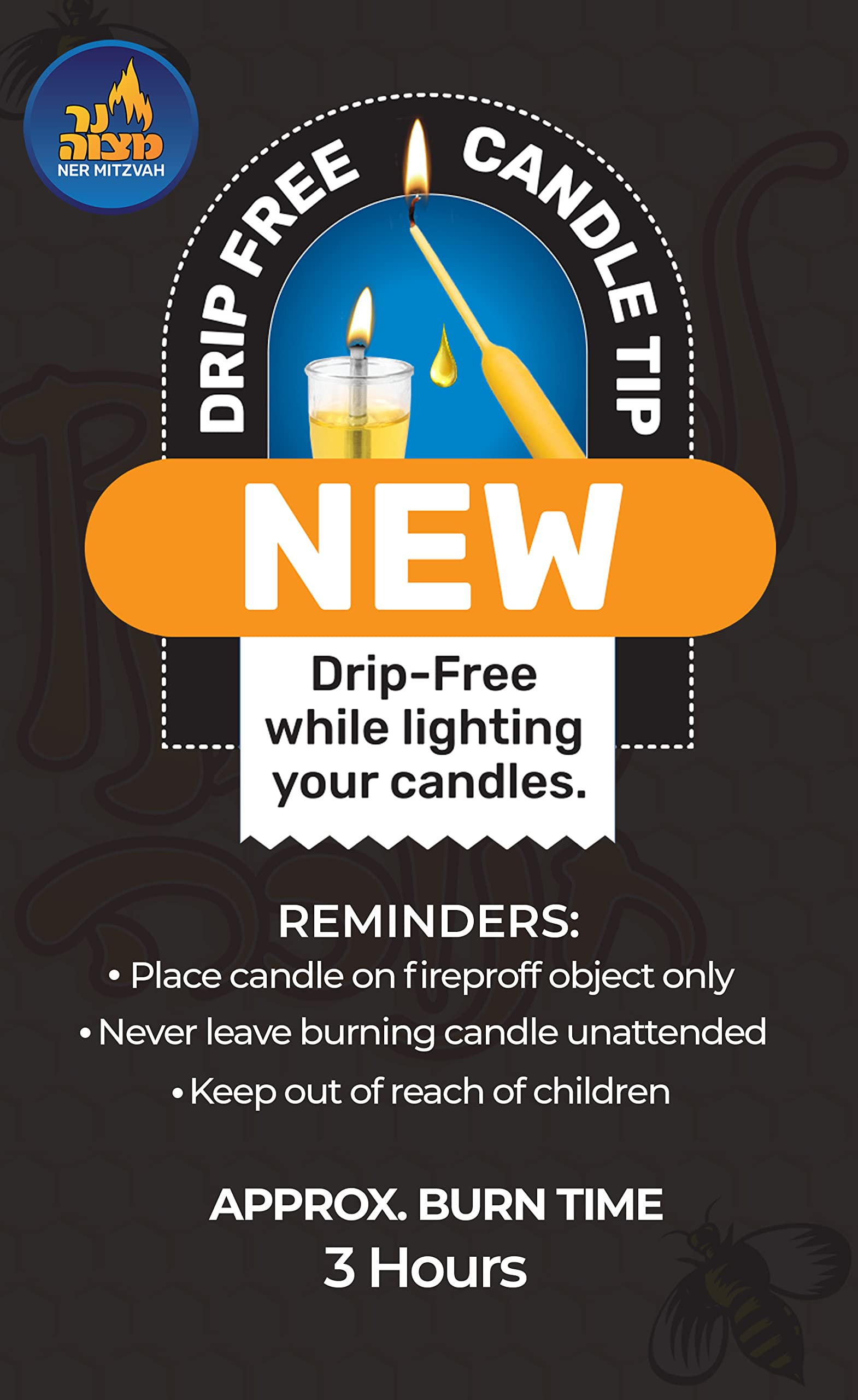 Ner Mitzvah Hanukkah Beeswax Shammash Candle - Chanukah shammasim - 8 Long Beeswax Shammasim Candles