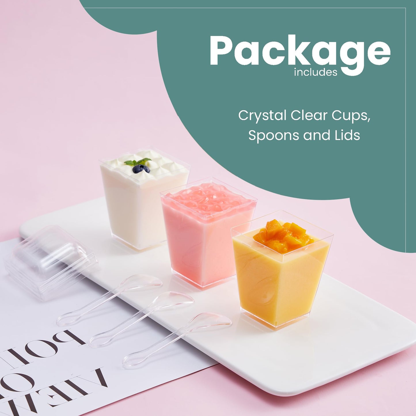 50 Pack 5 oz Mini Dessert Cups with Lids & Spoons – Reusable Parfait & Appetizer Cups, Clear Shooter Bowls – Ideal for Baby Shower, Small Parties, Tasting, Mousse, Pudding – BPA-Free & Recyclable