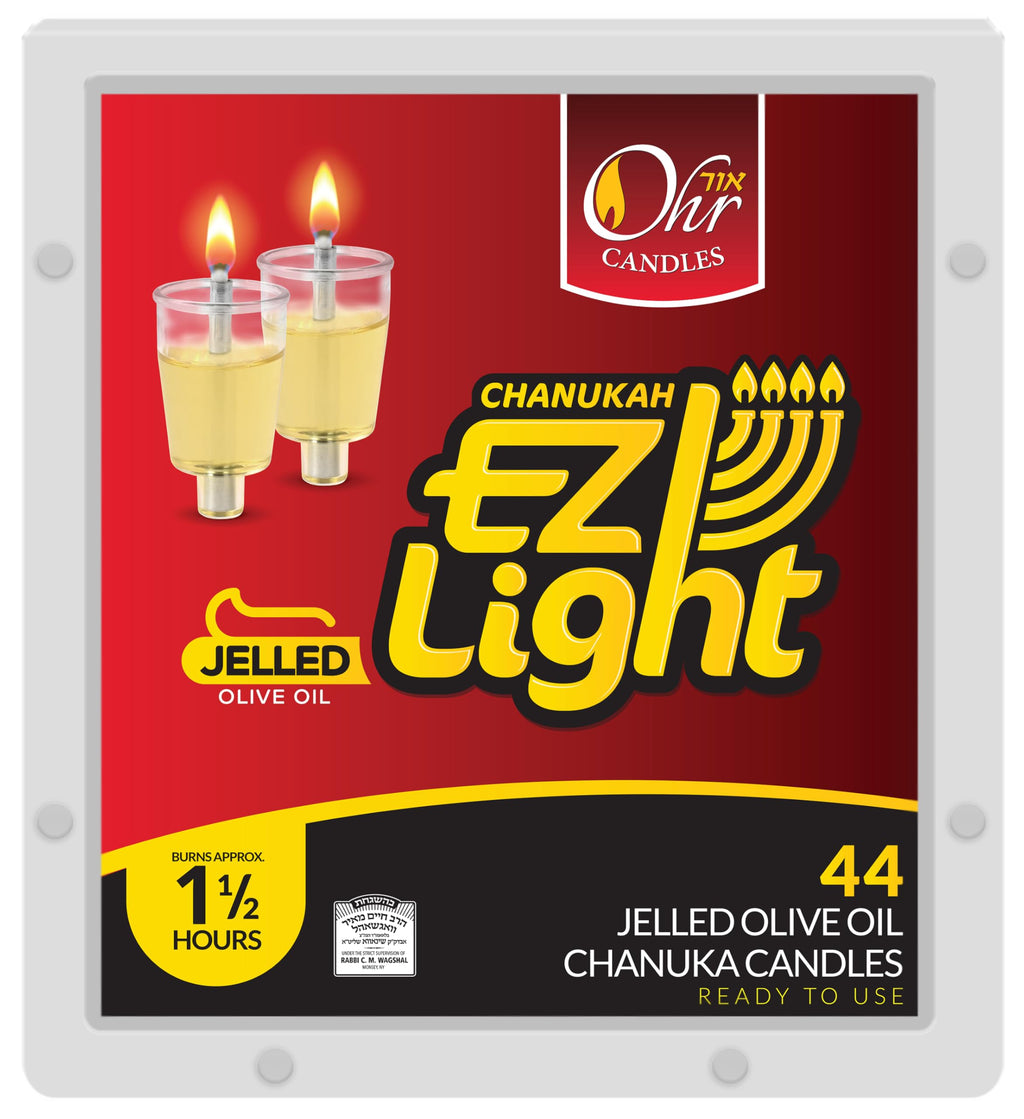OHR CANDLES E-Z Light 44 Jelled Olive Oil Chanukah Candles Jelled Prefilled Olive Oil -1.5 Hour Burntime