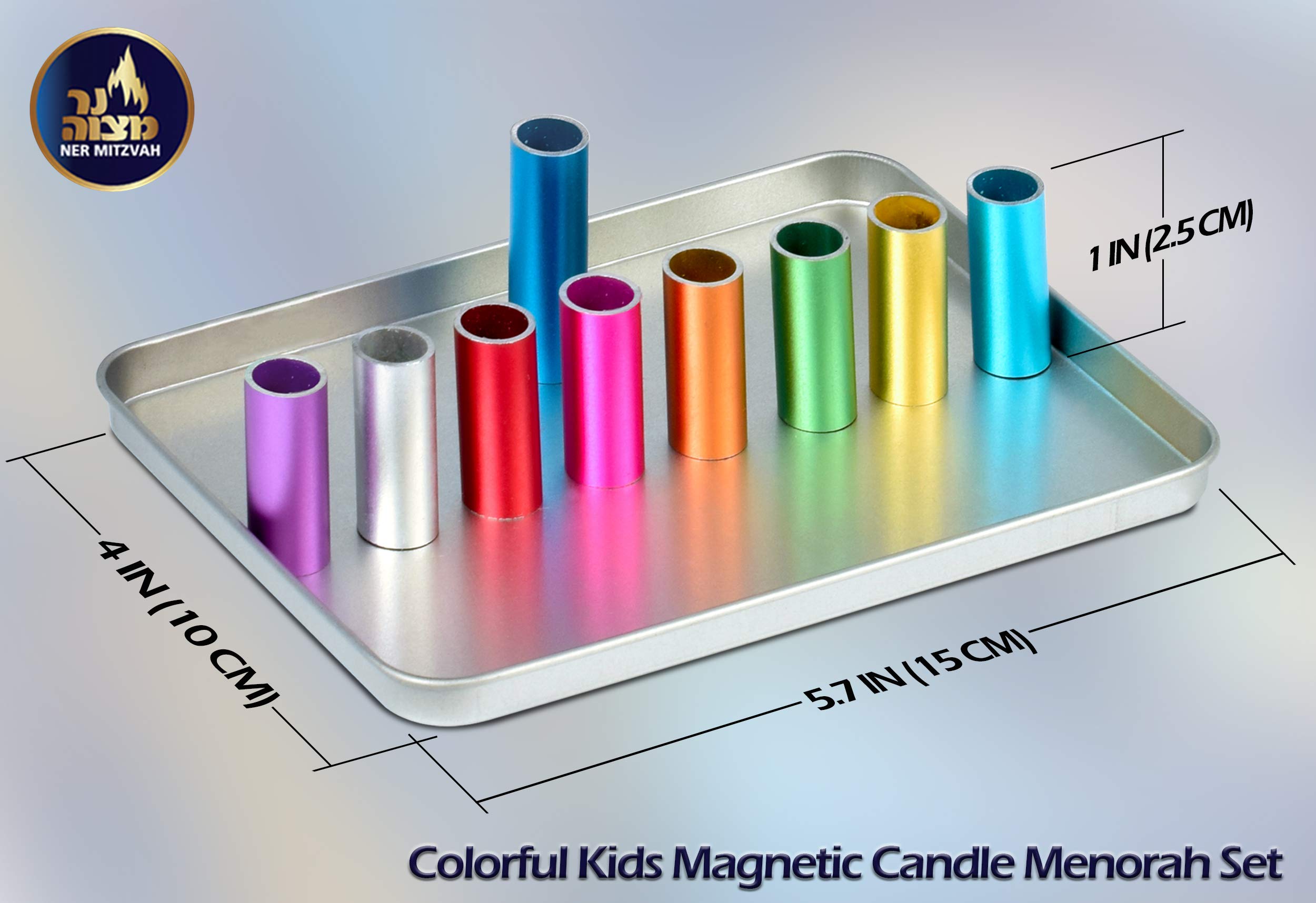 Colorful Kids Magnetic Candle Menorah Set- Includes Box of Chanukah Candles - Fun Safe and Decorative Tin Childrens Menorah