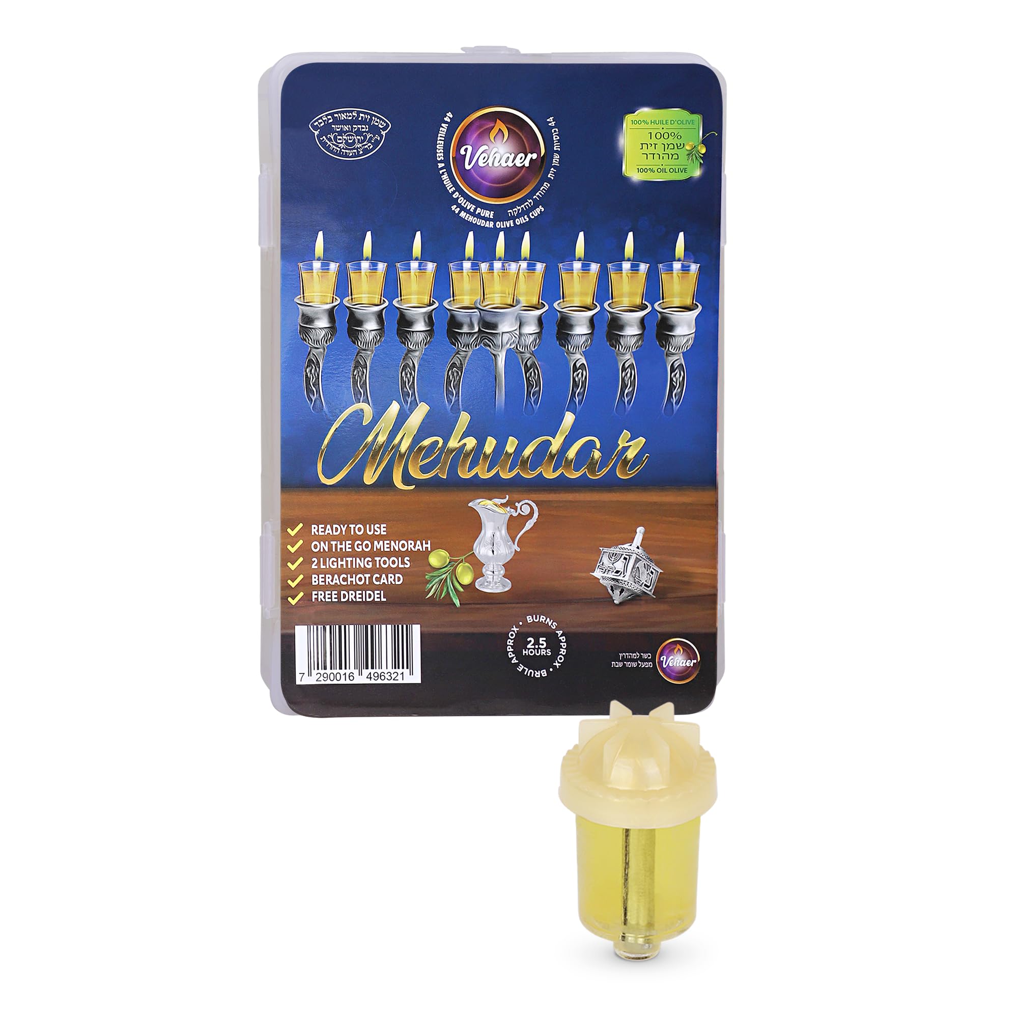 Vehaer 44 Prefilled Cups, 2.5 Hour Burn, Hanukkah, Chanukah Olive Oil, Ready to Use, Fits Most Menorah (Liquid Oil Medium)
