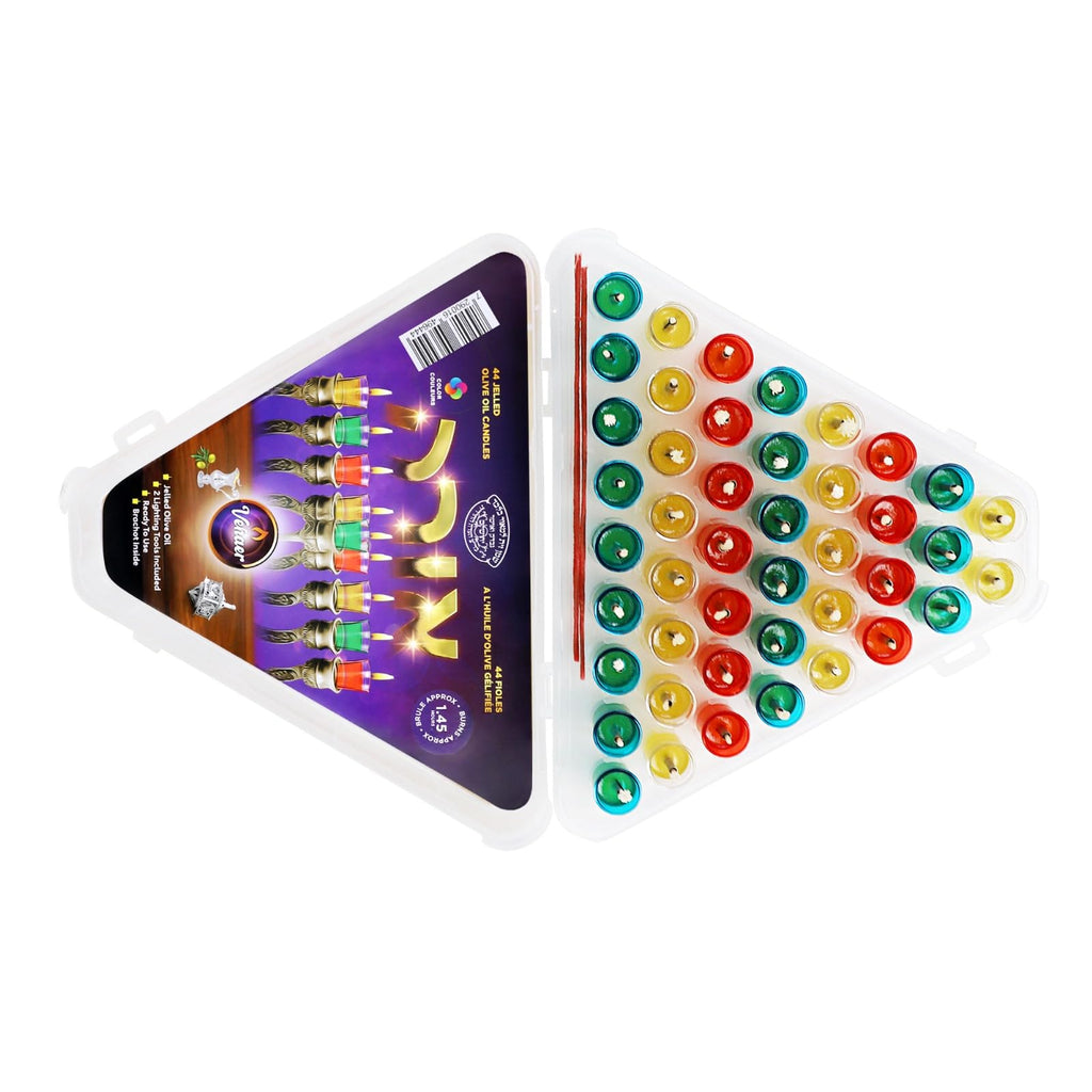 Vehaer 44 Prefilled Cups, Hanukkah, Chanukah Olive Oil, Ready to Use, Fits Most Menorah (Colored Gelled Small)