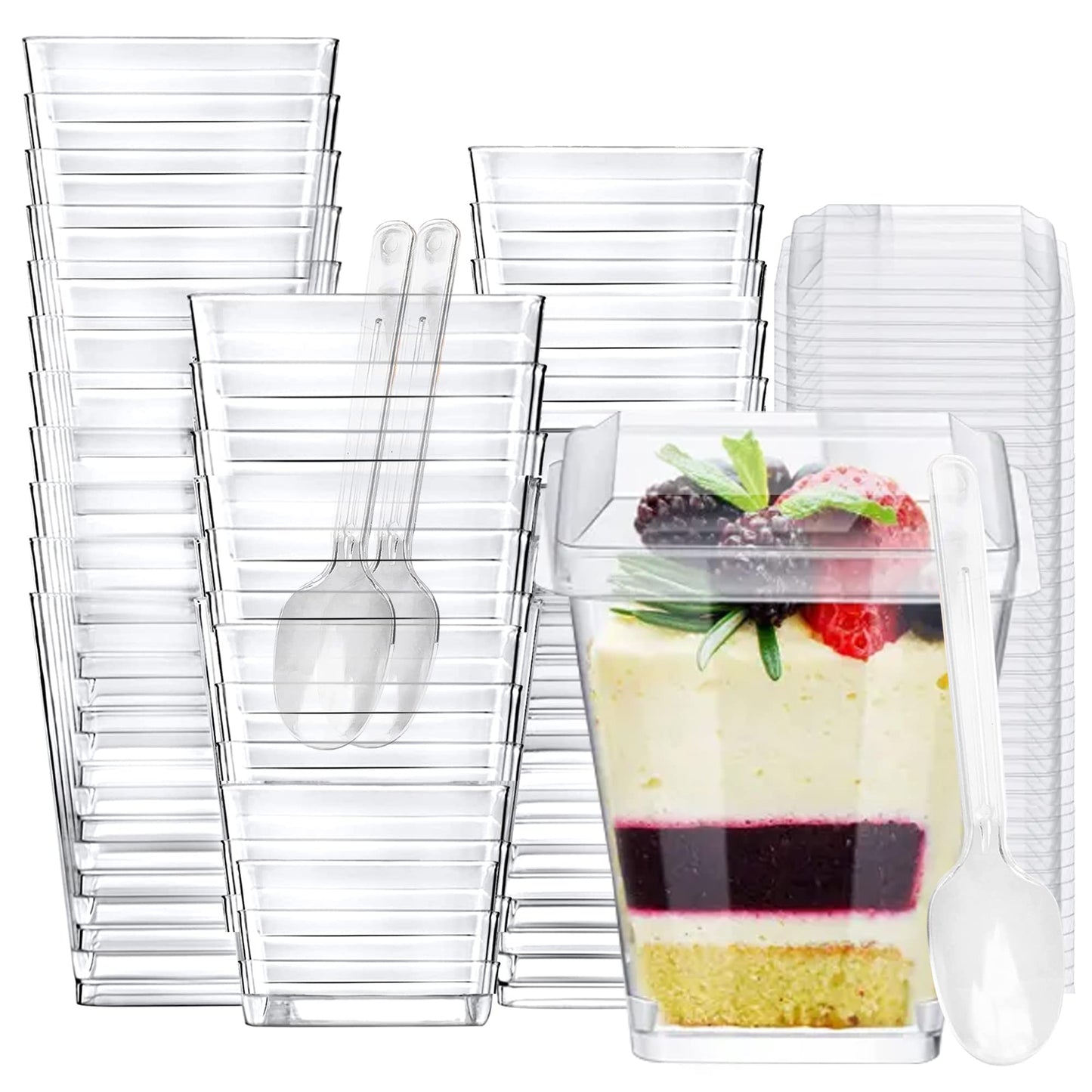 50 Pack 5 oz Mini Dessert Cups with Lids & Spoons – Reusable Parfait & Appetizer Cups, Clear Shooter Bowls – Ideal for Baby Shower, Small Parties, Tasting, Mousse, Pudding – BPA-Free & Recyclable