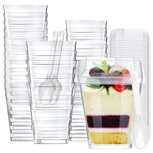 50 Pack 5 oz Mini Dessert Cups with Lids & Spoons – Reusable Parfait & Appetizer Cups, Clear Shooter Bowls – Ideal for Baby Shower, Small Parties, Tasting, Mousse, Pudding – BPA-Free & Recyclable