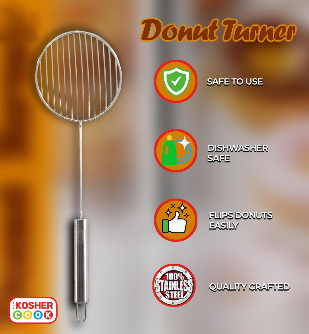 The Kosher Cook Donut Turner Oil Skimmer Spoon, Stainless Steel Slotted Spoon, Large Food Grade Spider Strainer for Draining and Frying