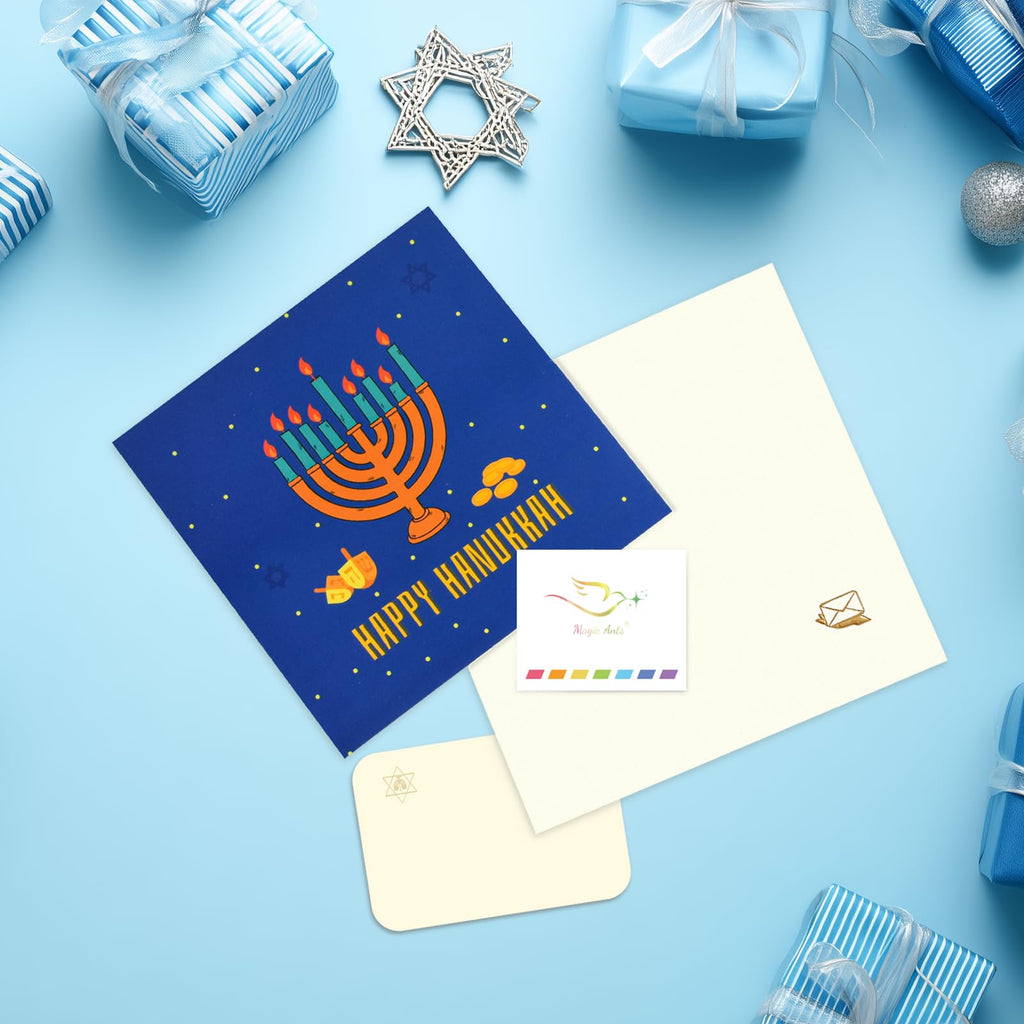 3D Pop-Up Hanukkah Card with Menorah and Star of David – Unique Festival of Lights Greeting Card for Jewish Holidays – Happy Hanukkah Wishes Card with Colorful Candles and Envelope